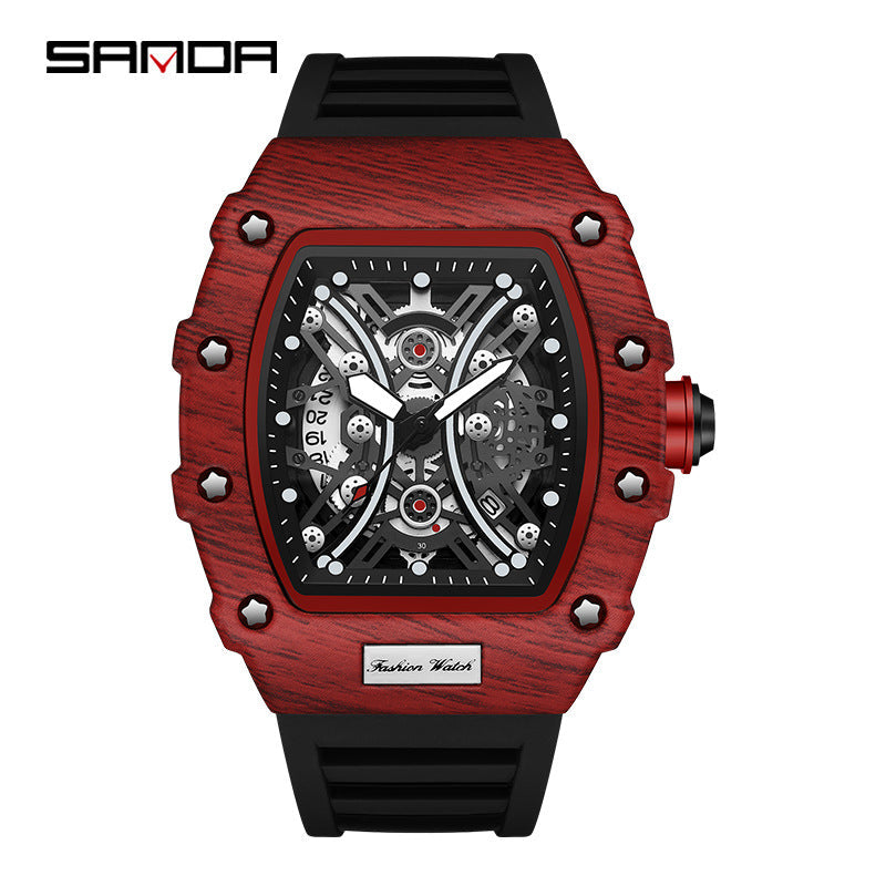 SANDA Men’s Quartz Watch – Luminous Calendar, Hollow Tonneau Dial, Casual Waterproof