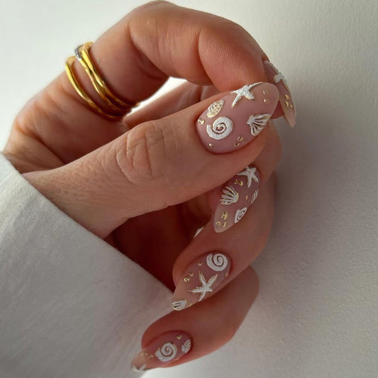 Elegant Nude Seashell Press-On Nails | 3D Embossed Almond Glue-On Nail Art