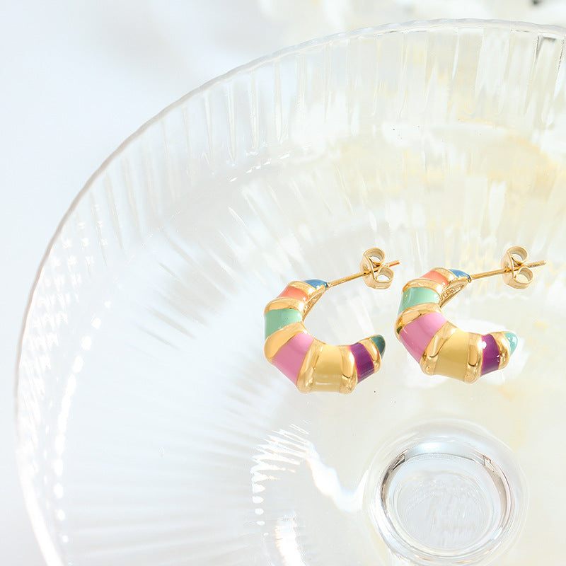 Retro Striped Enamel Earrings for Women – Non-Fading Titanium Steel Jewelry