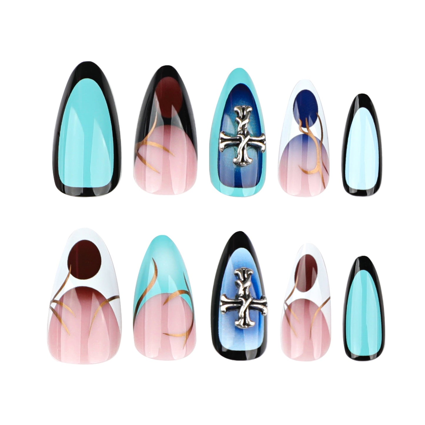 Press-On Nails – Long Stiletto Glue-On Set with Cross Design & Abstract Swirls