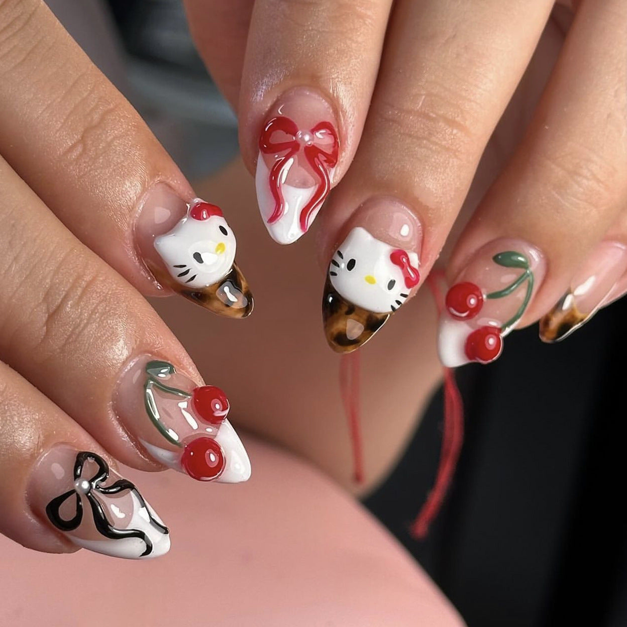 3D Hello Kitty Press-On Nails – Almond Shape with Cherry & Bow Design