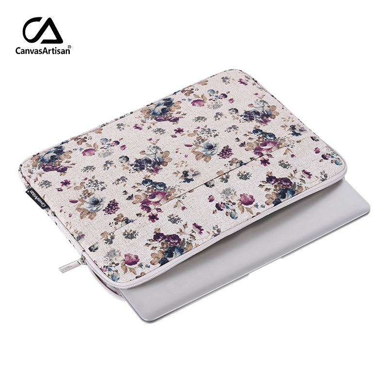 Beige Floral Linen Laptop Sleeve – Waterproof, Shock-Resistant Protective Case