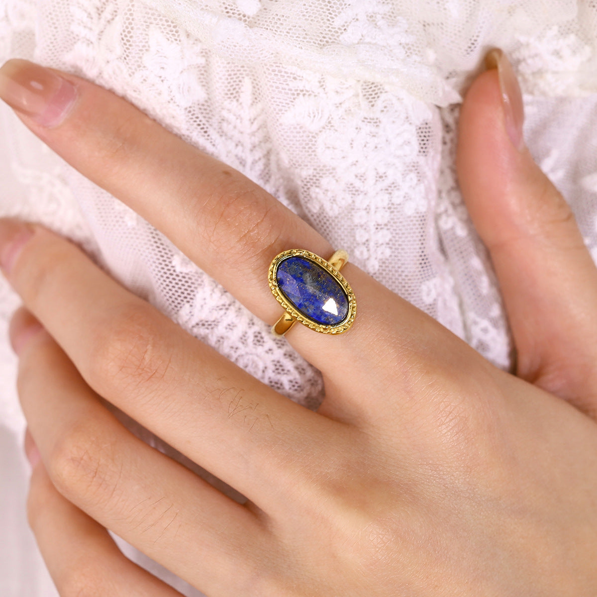 Natural Stone Ring – Blue Oval Titanium Steel Adjustable Retro Jewelry