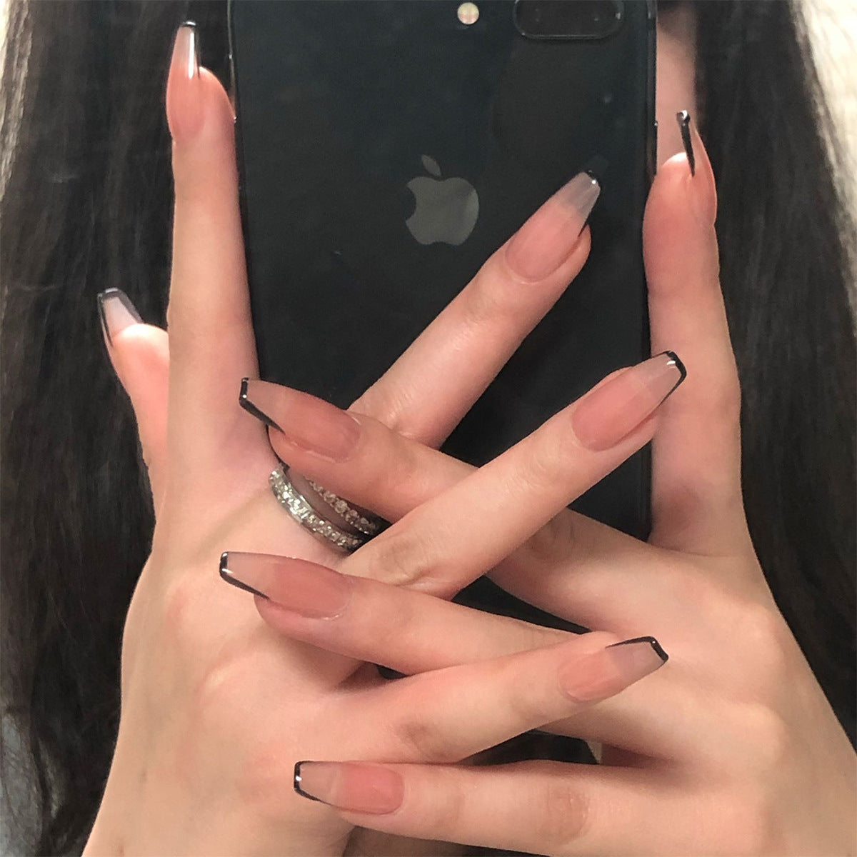 Nude Black French Tip Coffin Press-On Nails – Long, Minimalist Glue-On Set