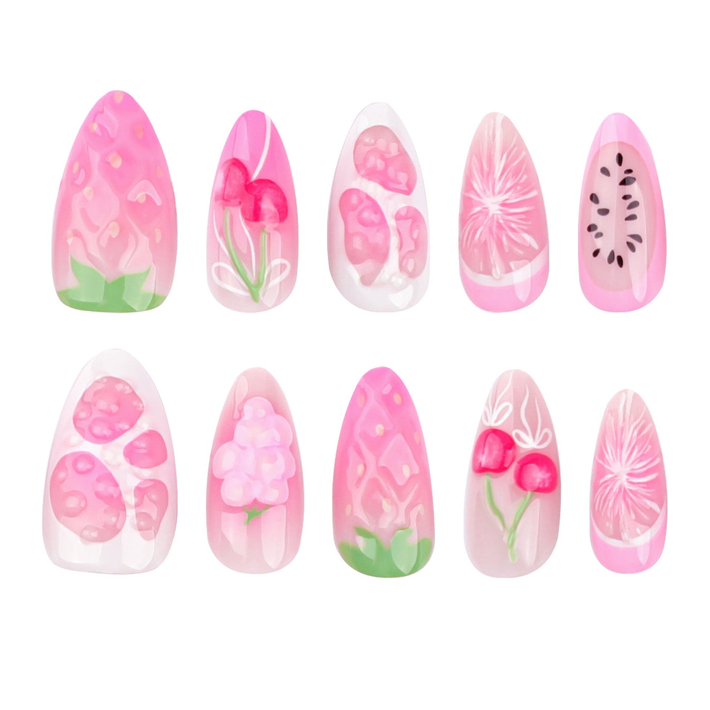 3D Fruit Press-on Nails – Long Stiletto Pink Cherry & Floral Design | Glue-On Acrylic