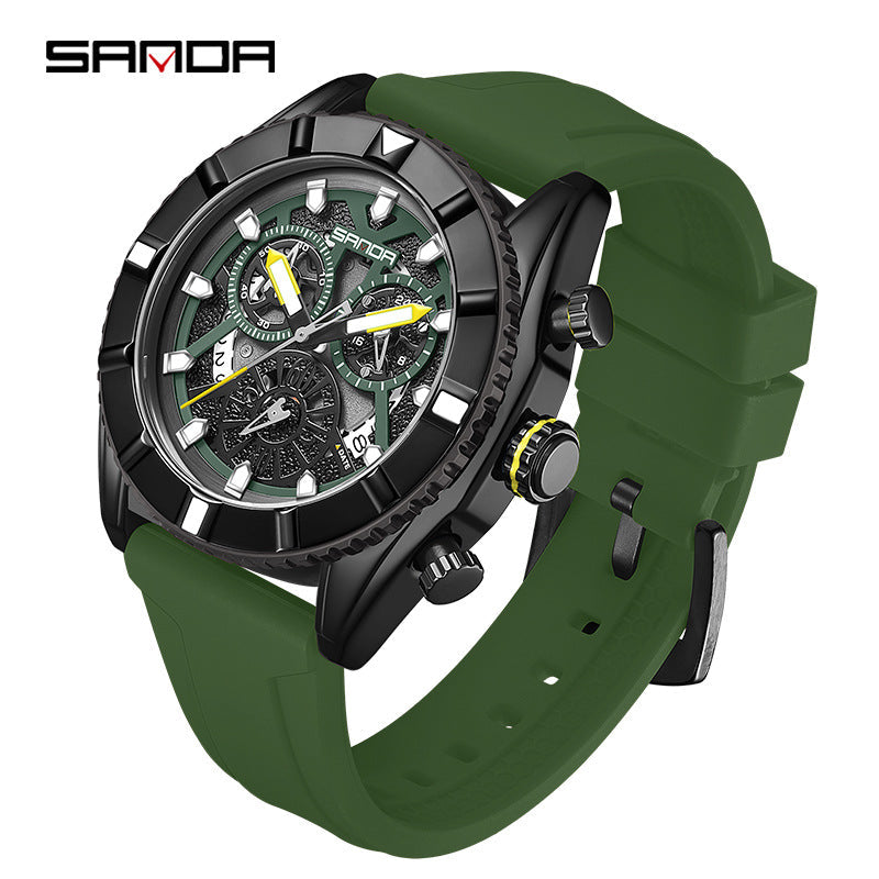 SANDA Luminous Men’s Quartz Watch – Silicone Strap with Calendar & Small Three-Hand