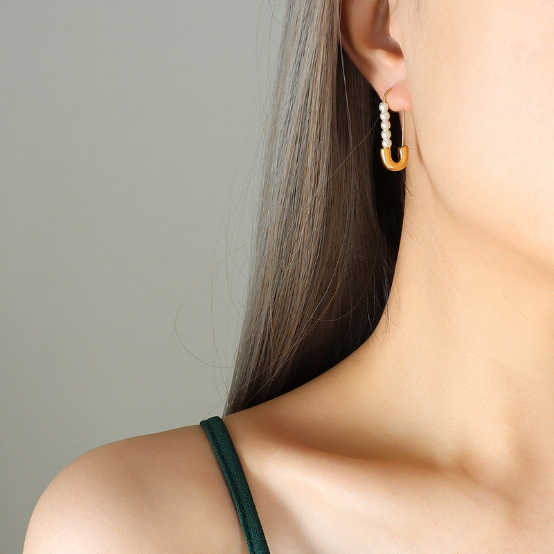 Retro Paper Clip Pearl Earrings for Women – Titanium Steel, Geometric