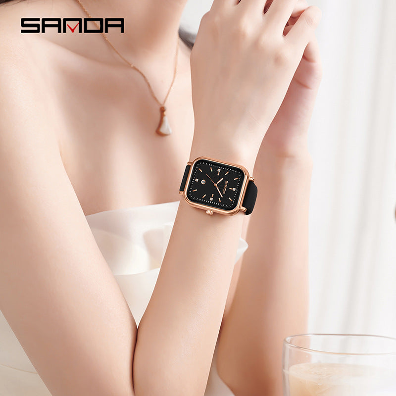 Sanda Women's Silicone Quartz Watch – Square Dial, 30M Waterproof Casual Analog Watch