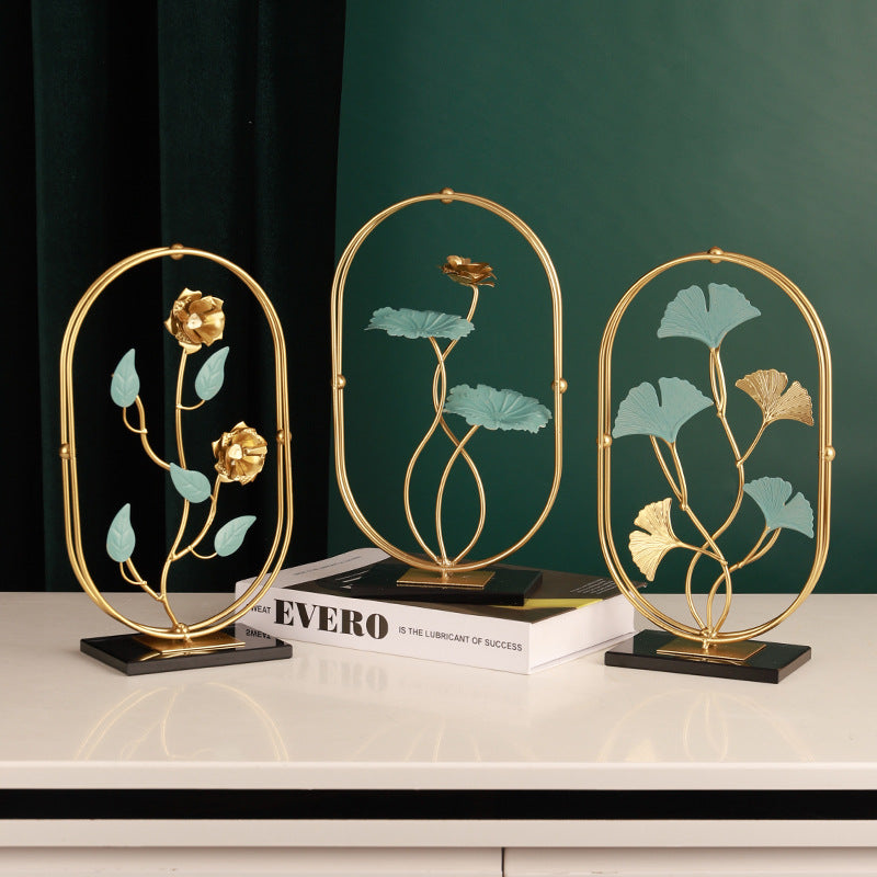 Modern Ginkgo Leaf Metal Art Decor – European Oval Crystal Base Sculpture