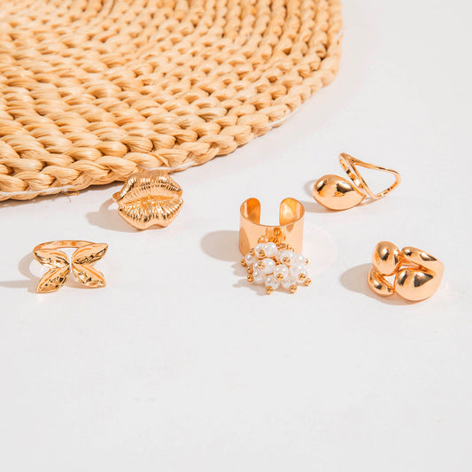 Geometric Pearl Ring Set – 5-Piece Gold Alloy Fashion Rings for Women