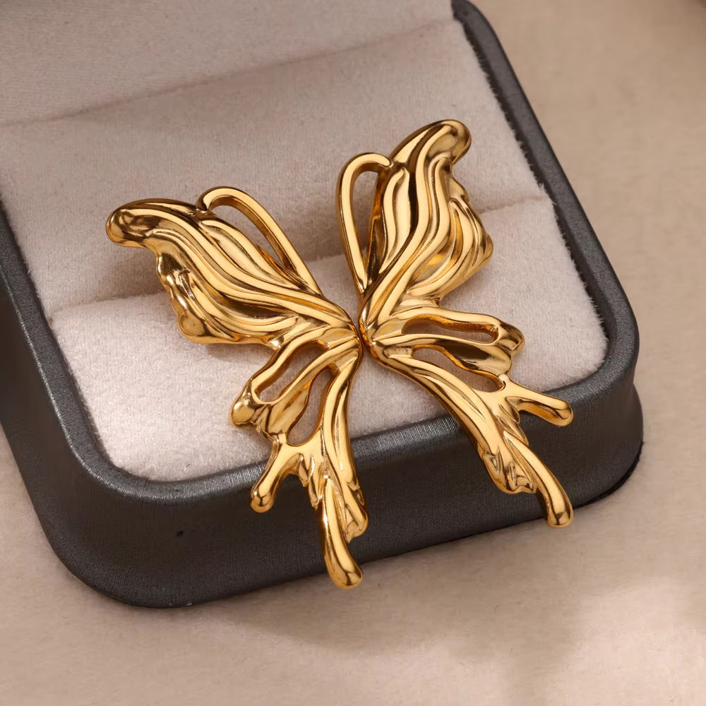 Gold Butterfly Stainless Steel Earrings for Women – Light Luxury Wing Design Jewelry