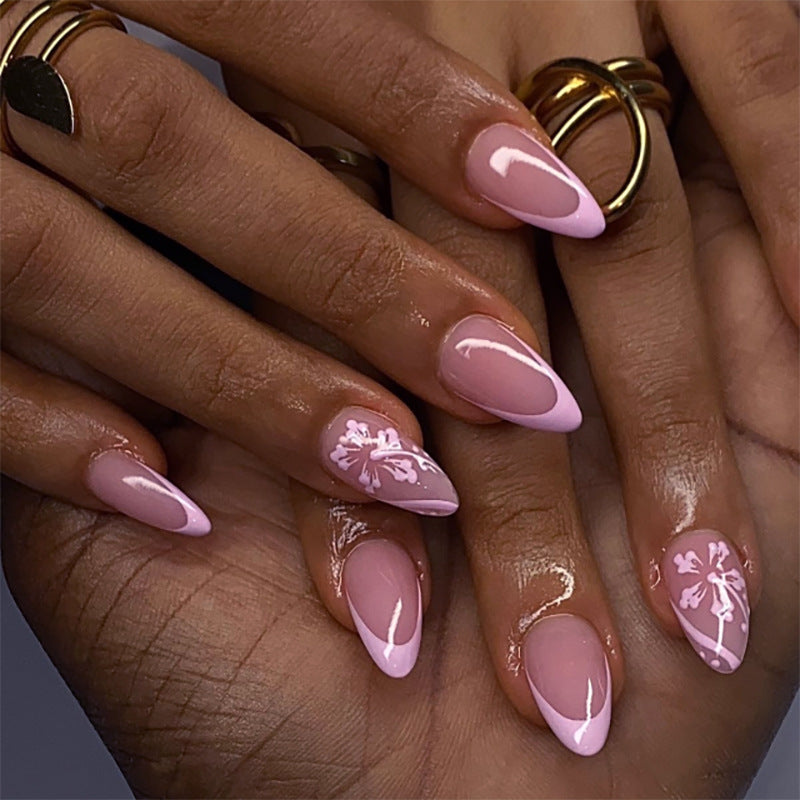 Pink Floral Almond Press-On Nails – French Tip Medium Glue-On Set