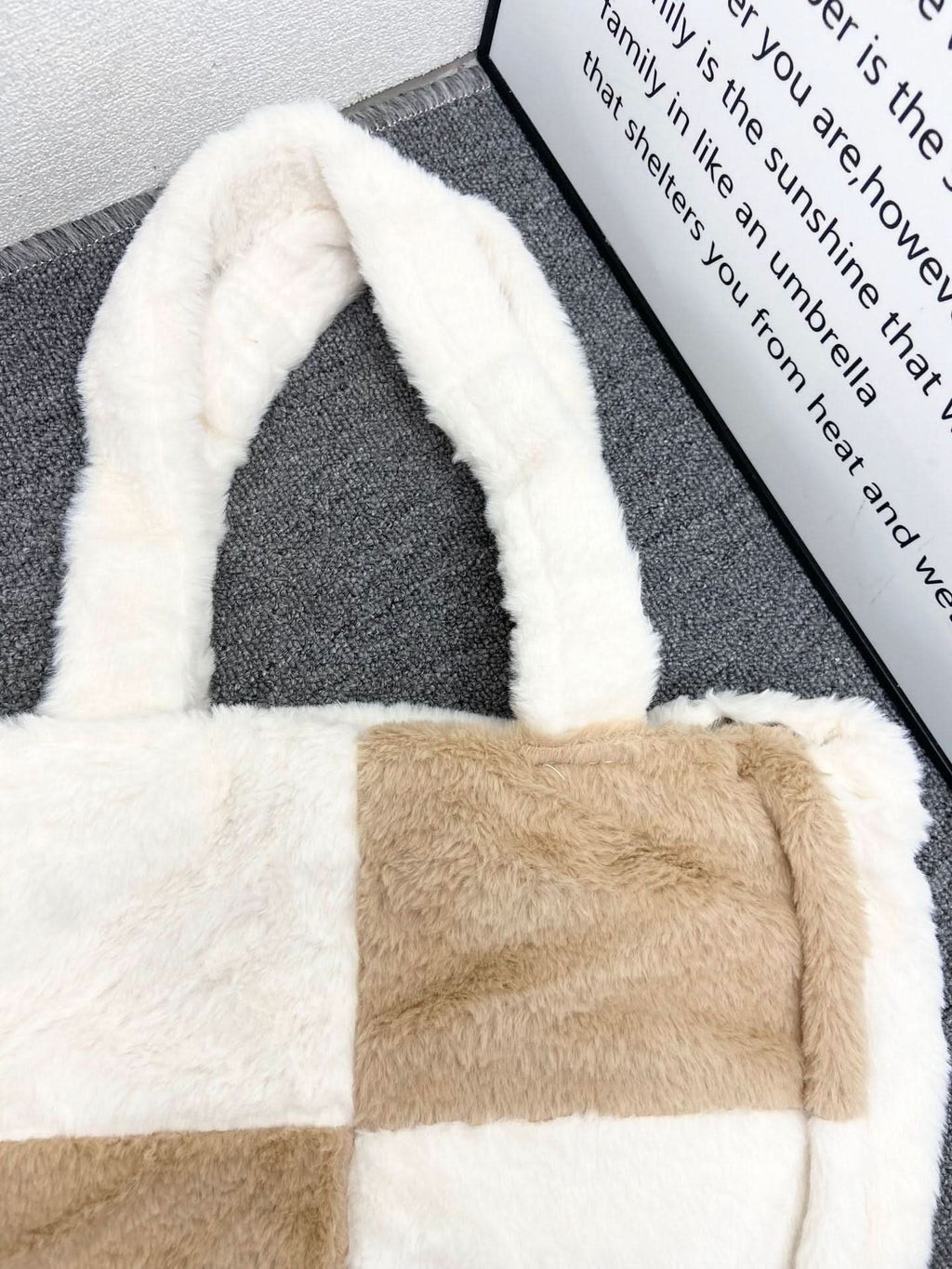 Women's Contrast Color Plush Tote Bag – Large-Capacity Furry Shoulder Bag