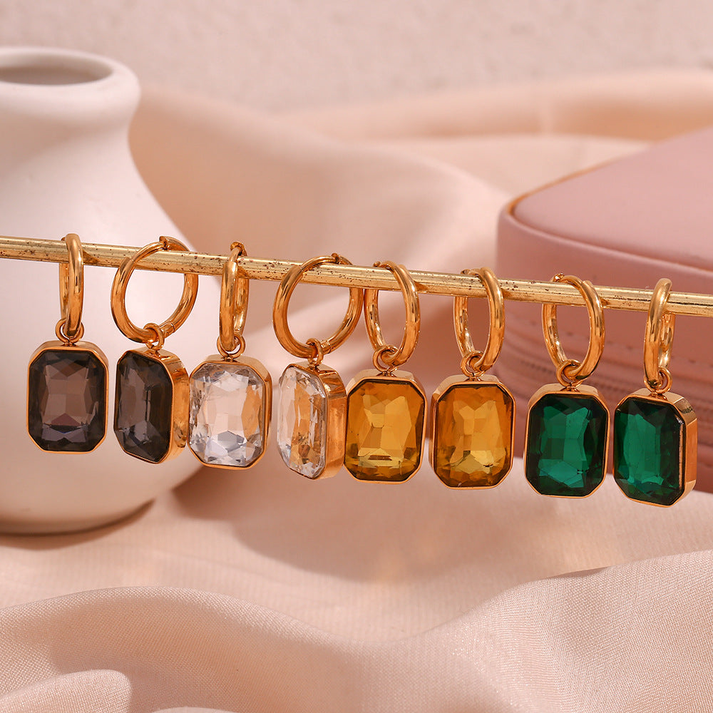 Retro Chic Gemstone Dangle Earrings for Women – Stainless Steel Emerald Cut Design