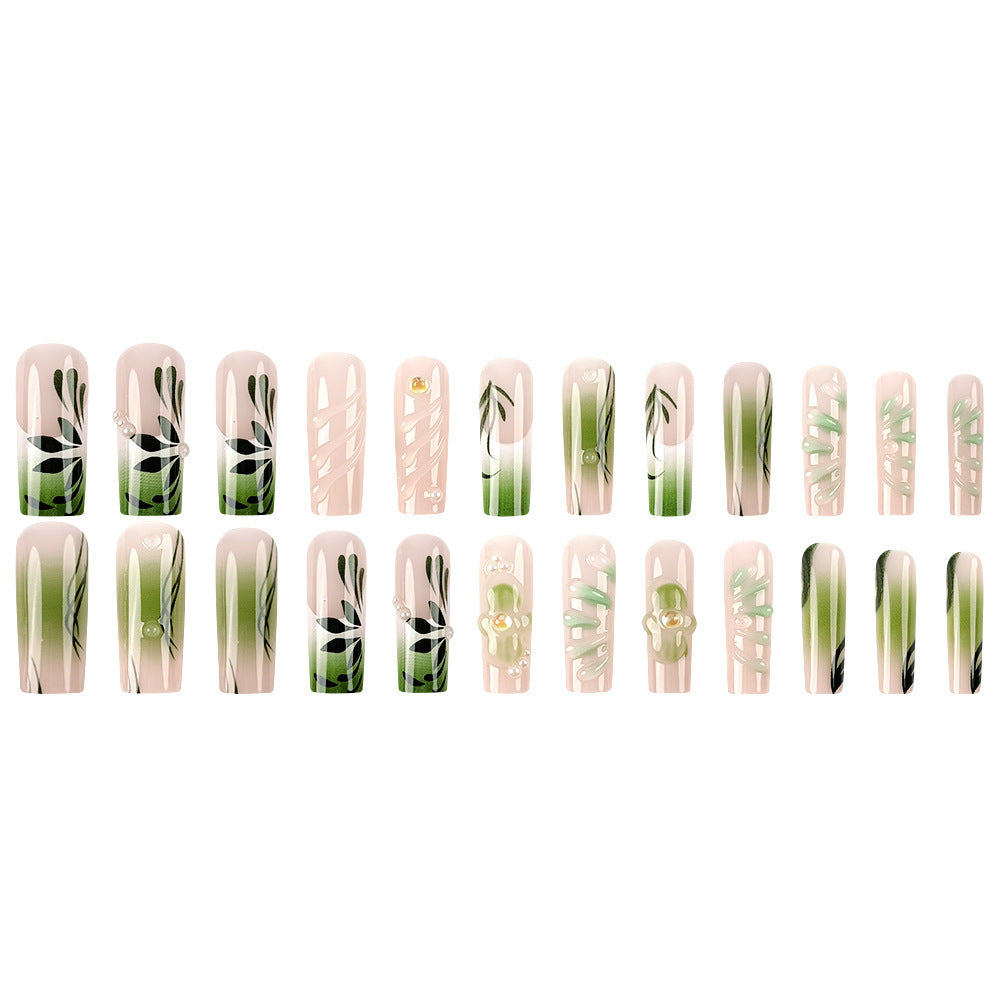 3D Floral Square Press-On Nails – Long Green & Nude Acrylic Tips