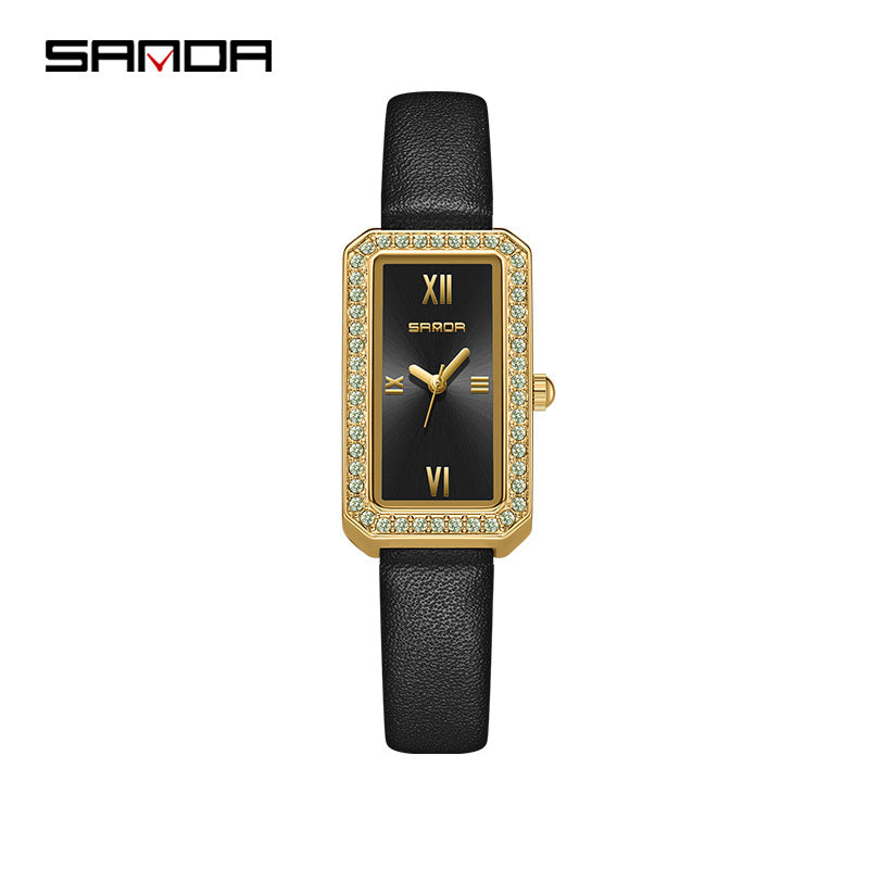 SANDA Women's Quartz Watch – Diamond-Accented Leather Strap, Casual Timepiece