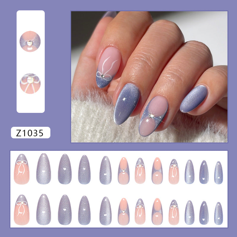 Milk Blue French Press-On Nails – Cat’s Eye Almond Nails with Bow Accents