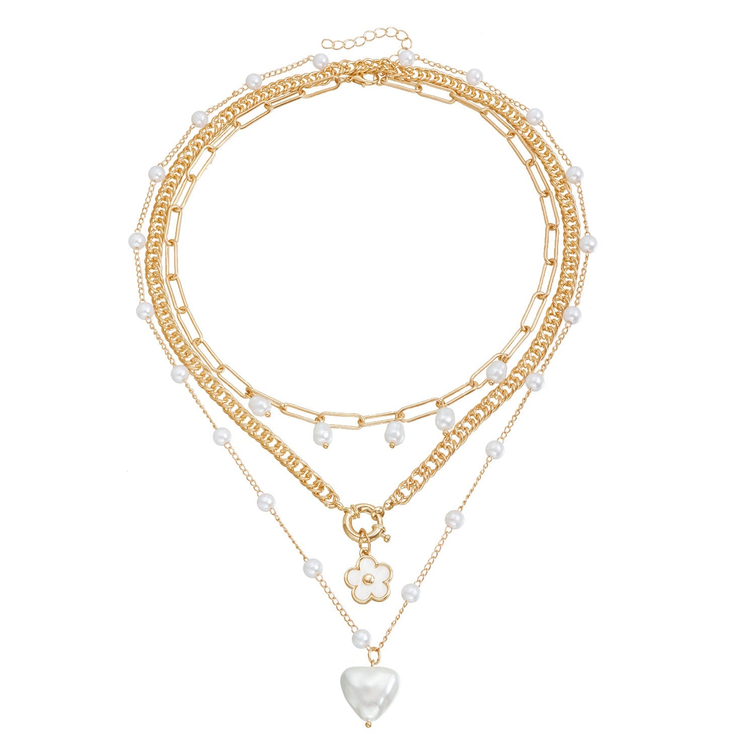 Retro Pearl Heart Necklace – Gold-Plated Five-Petal Flower Pendant for Women