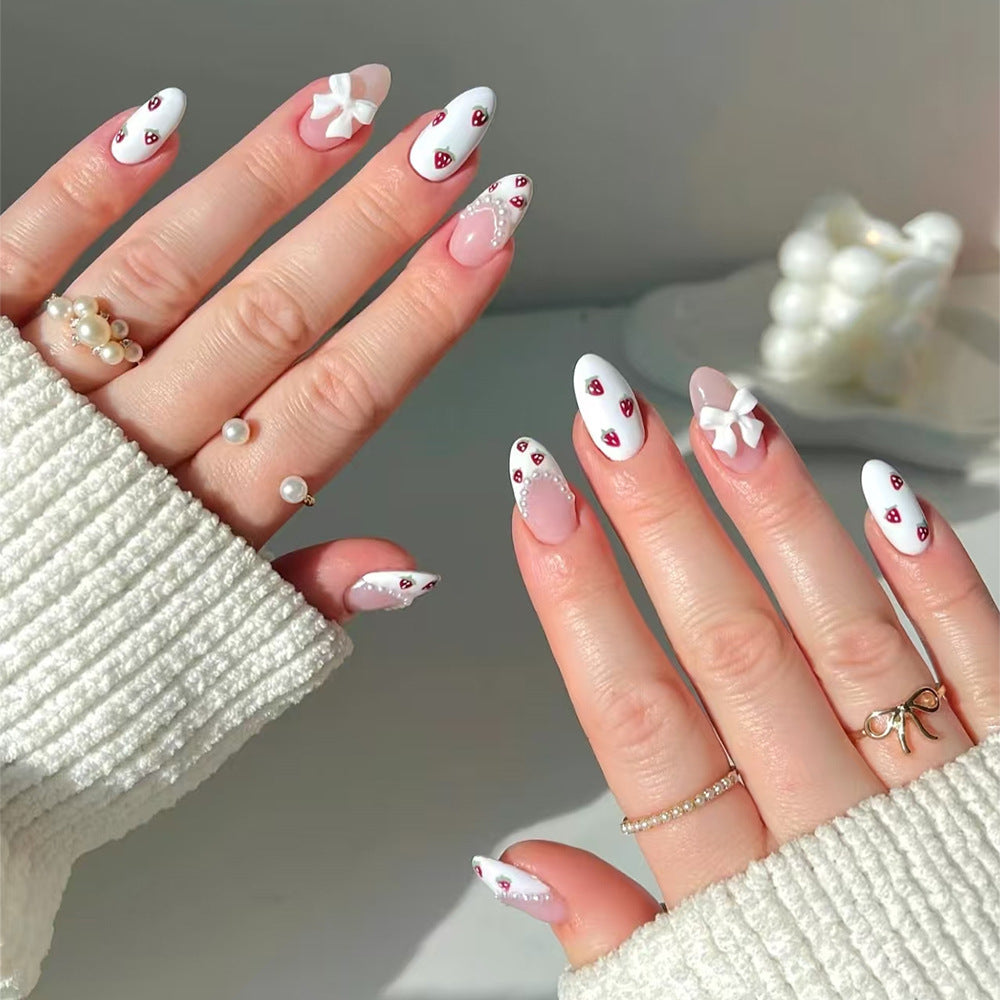 Strawberry French Tip Press-On Nails – Medium Acrylic Tips with Bow and Diamond Accents