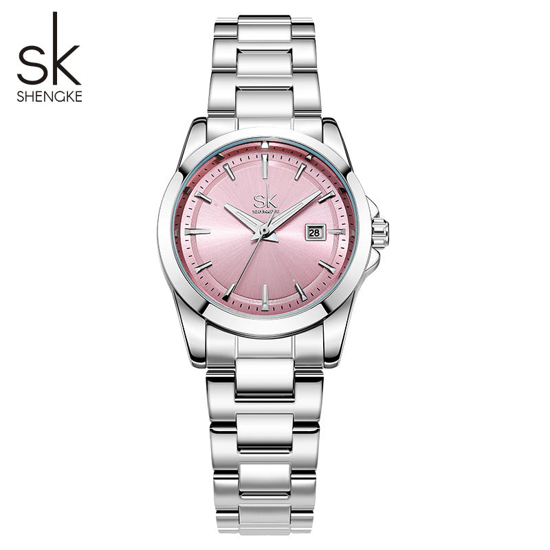 SK Women’s Stainless Steel Quartz Watch – Fashion Round Dial, Waterproof Wristwatch