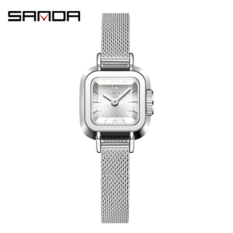 Sanda Women’s Square Quartz Watch – Mesh Stainless Steel Strap, Waterproof Casual Watch