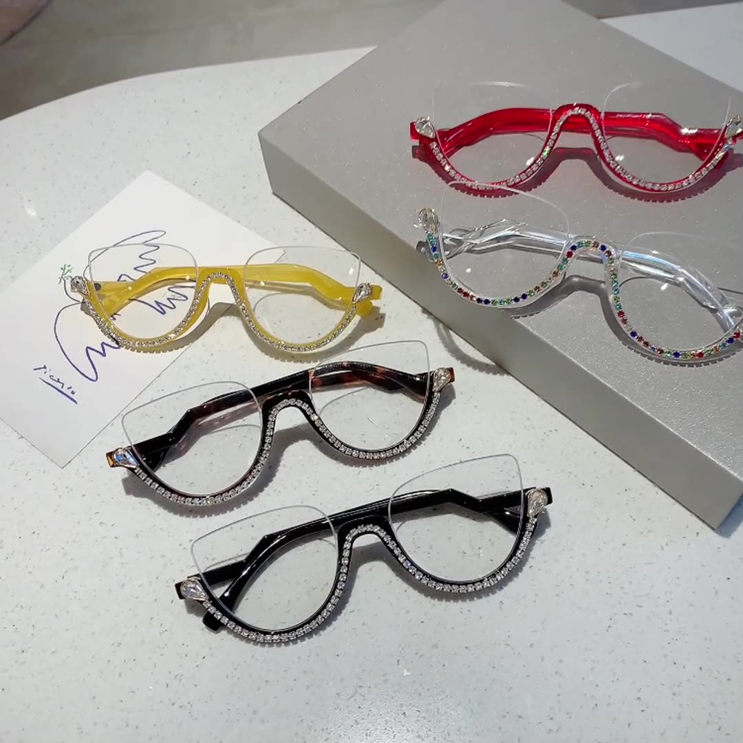 Half Frame Anti-Blue Light Glasses for Women – Diamond Accent Retro Eyewear