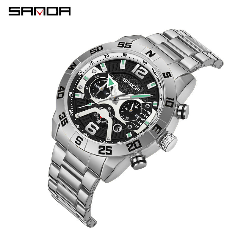 SANDA Men’s Quartz Watch – Three-Eye Steel Band Fashion Shockproof Timepiece