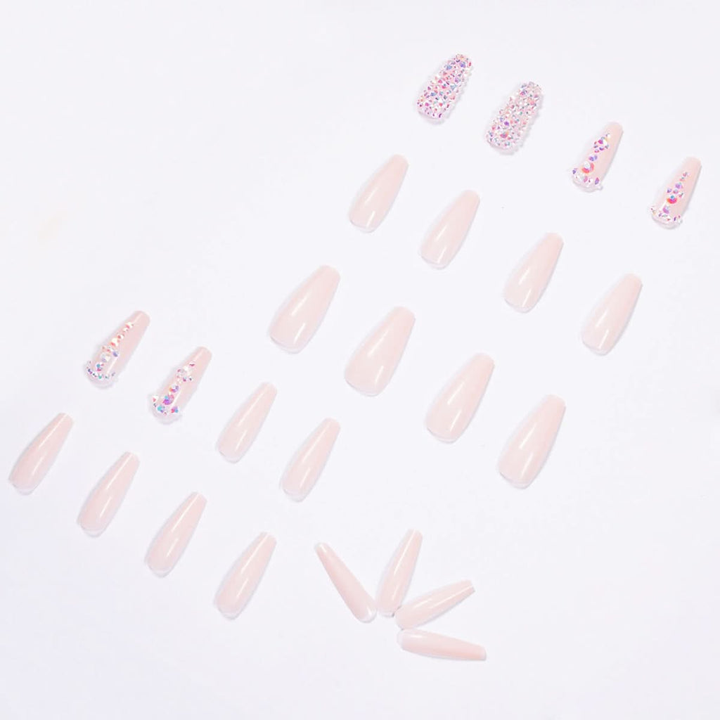 Nude Long Ballet Press-On Nails – 24-Piece Rhinestone Nail Art Set