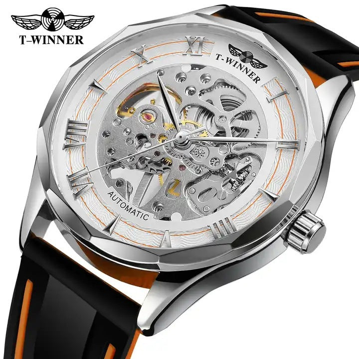 T-Winner Men’s Fashion Round Skeleton Manual Mechanical Watch – Silicone Strap