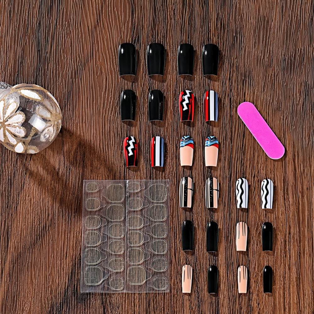 Bold Glossy Square Press-On Nails – Multicolor Acrylic with Striped & Wave Design