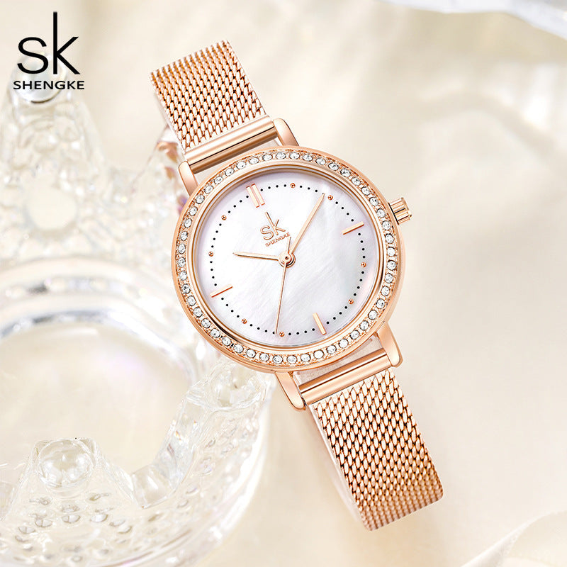 SK Women’s Quartz Watch – Diamond Accent Mesh Strap, 30M Waterproof Business Style