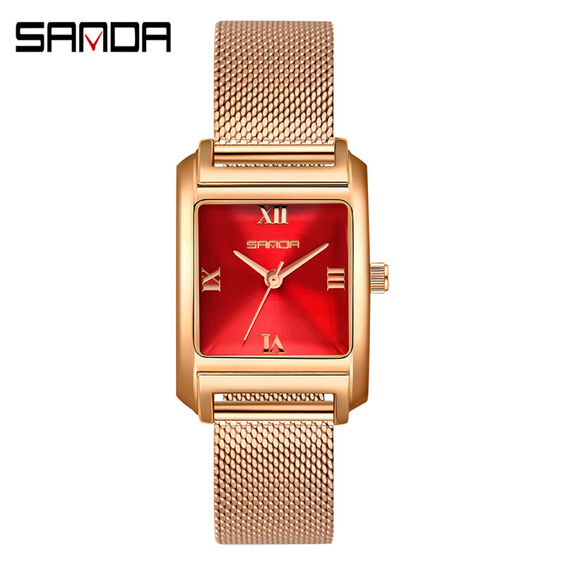 Sanda Women’s Mesh Quartz Watch – Waterproof Small Dial Casual Square Fashion Watch