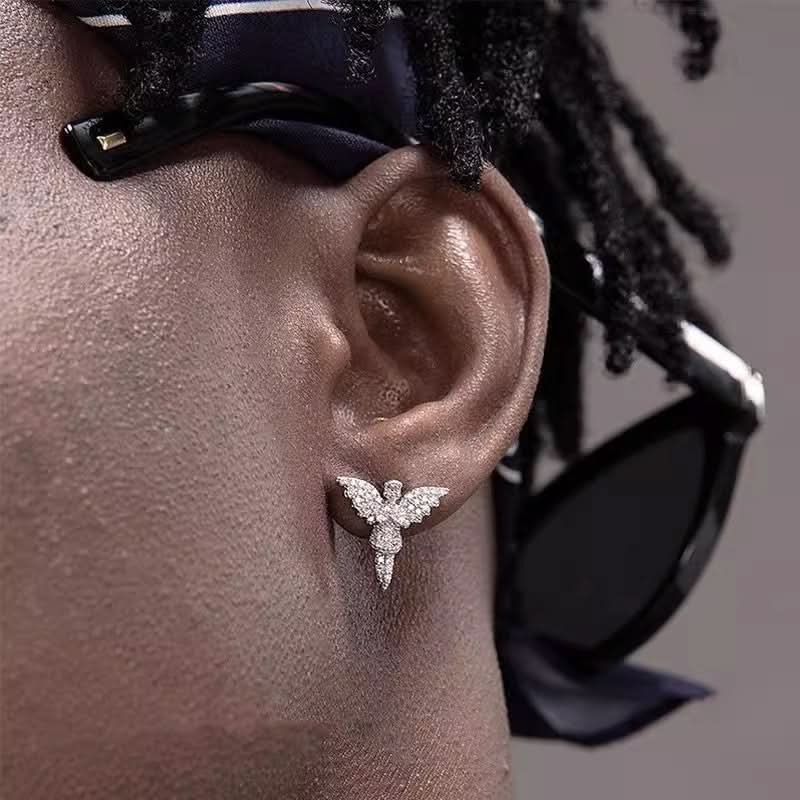 Men's Angel Wing Diamond Earrings, Hip-Hop Style
