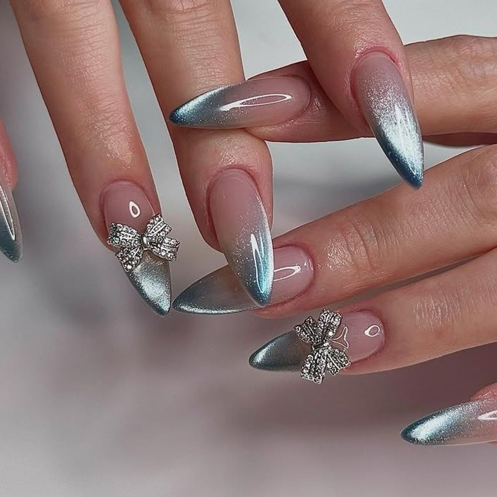Blue Ombre Glitter Press-On Nails with 3D Bow – Long Stiletto Acrylic Set