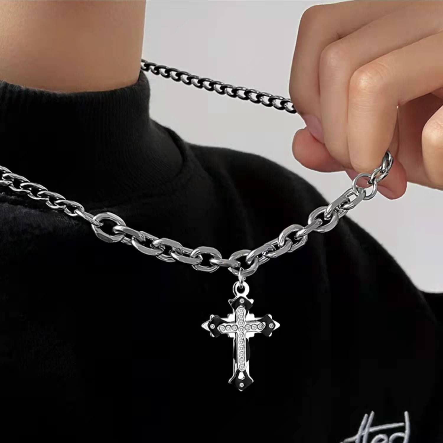Men’s Hip-Hop Cross Necklace – Titanium Steel, Diamond-Studded Pendant
