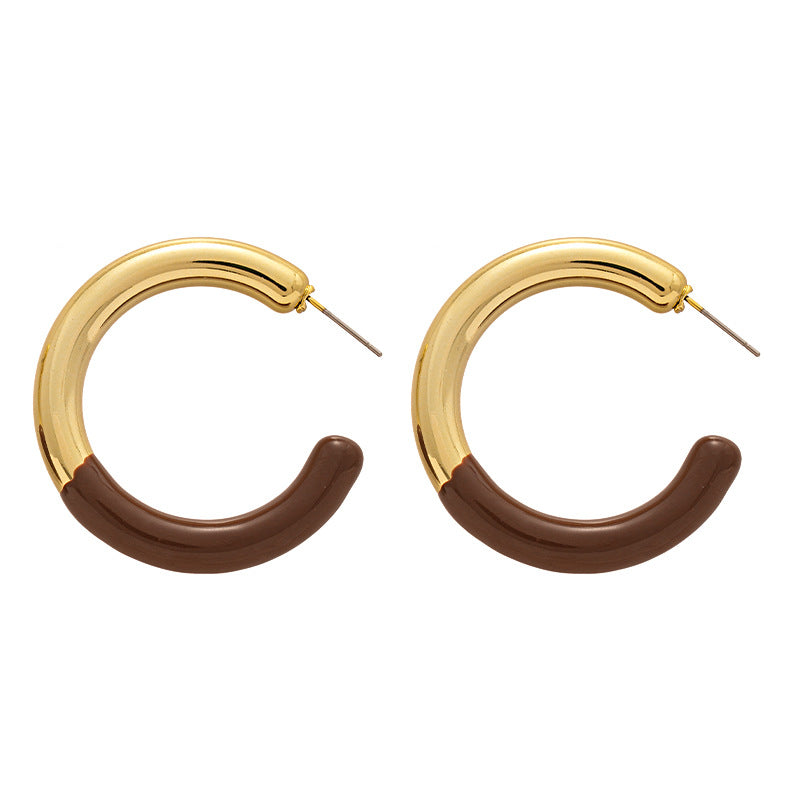 Brown C-Shaped Hoop Earrings – Geometric Alloy Jewelry for Women