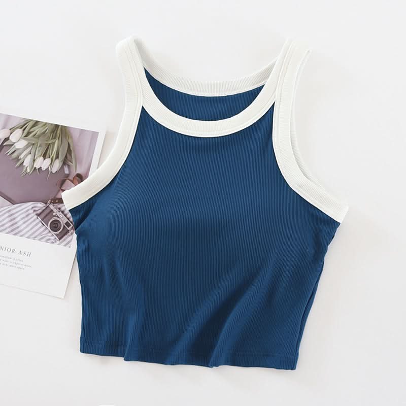 Women's Padded Tank Top – Sleeveless Contrast Color Crop Vest with High Neck