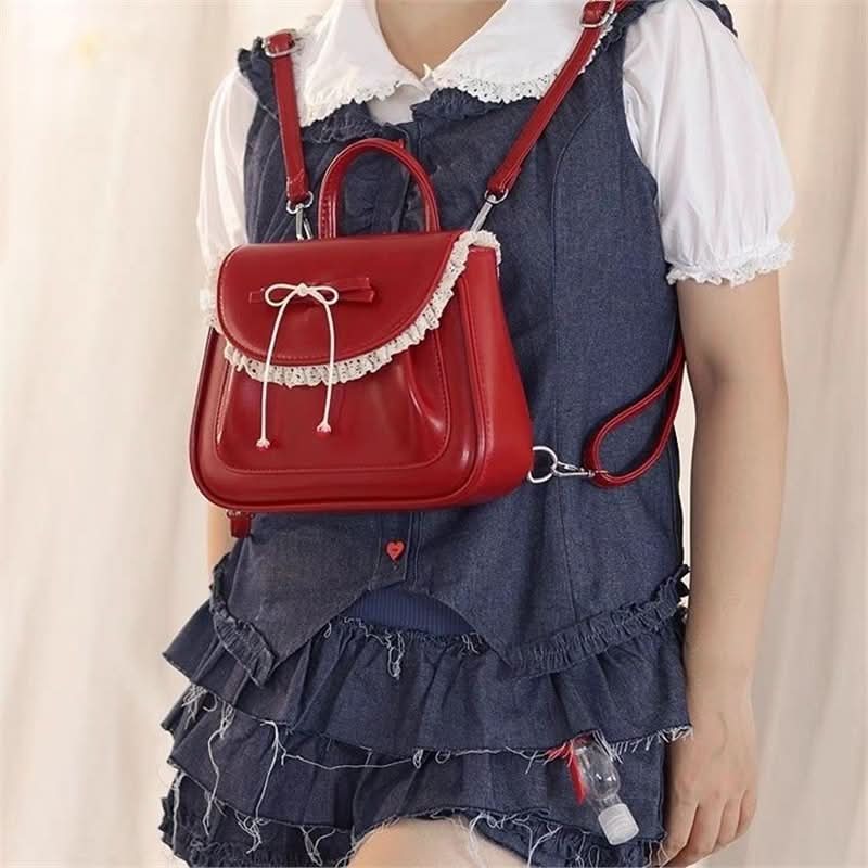 Red PU Bow-Accent Elegant Handbag