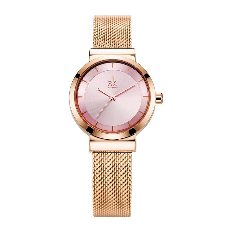 SK Women’s Fashion Quartz Watch – Stainless Steel Mesh Strap, 30M Waterproof Round Dial