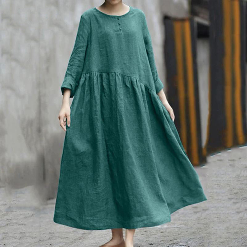 Women’s Cotton Linen Long Sleeve A-Line Dress – Irregular Splicing, Round Neck