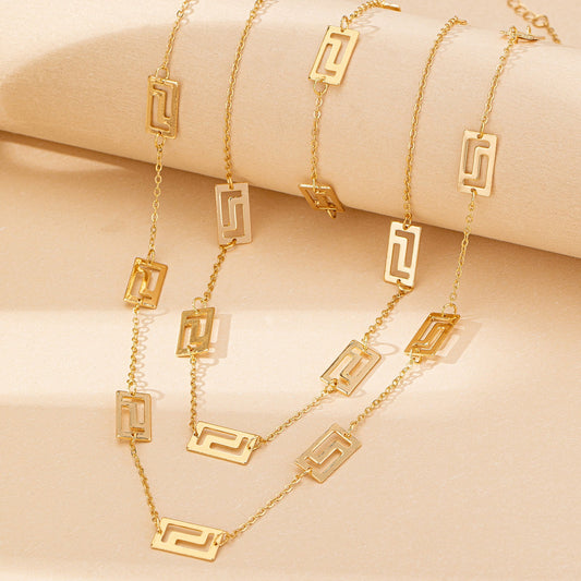 Geometric Gold Necklace and Bracelet Set – Layered Korean Jewelry for Women