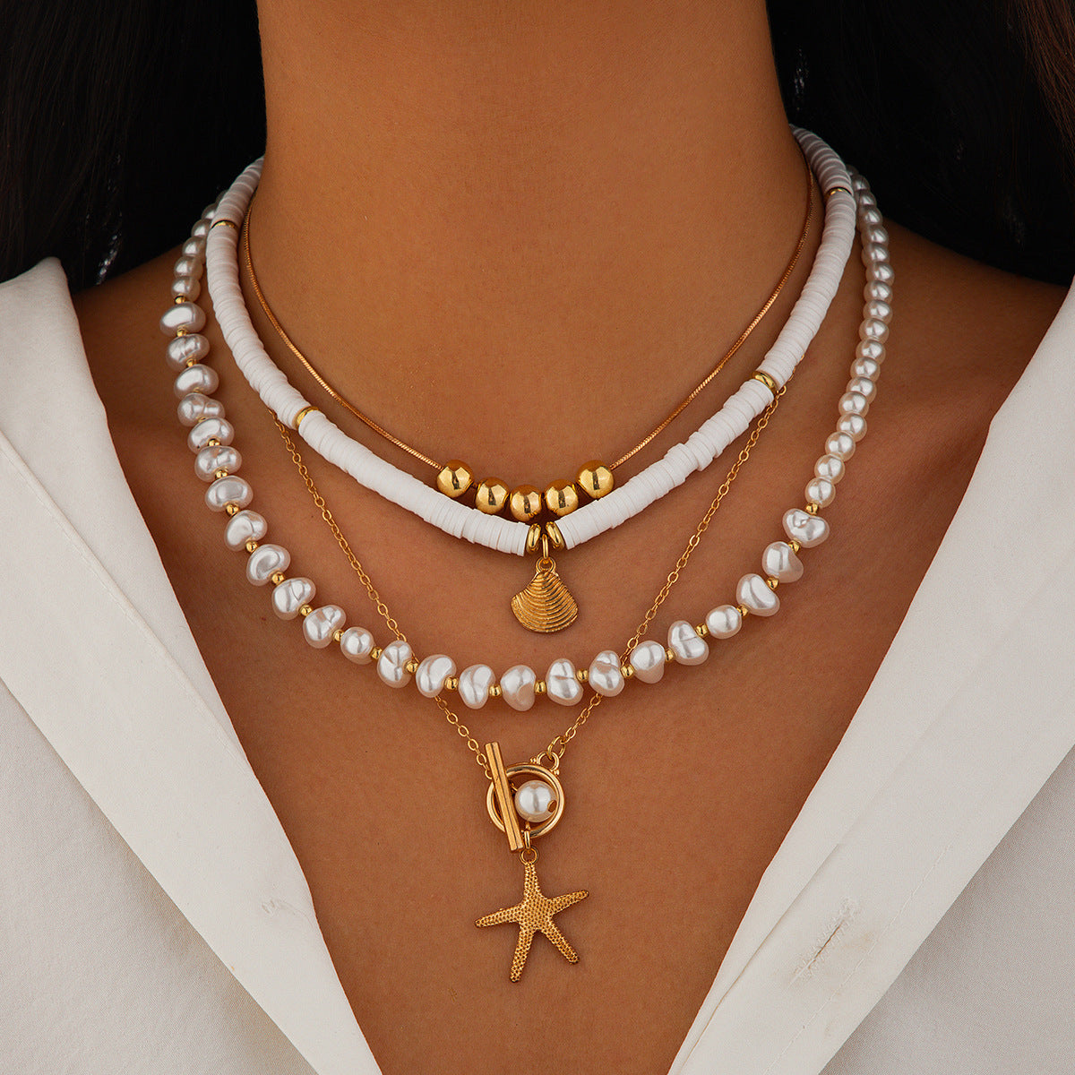 Layered Pearl Luxe Sea Charm Necklace for Women – Fashionable Alloy Jewelry