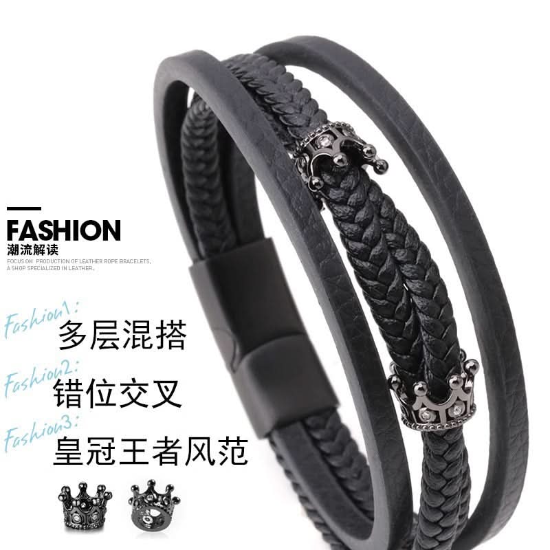 Men’s Stylish Crown Leather Bracelet – Cuff with Magnetic Buckle