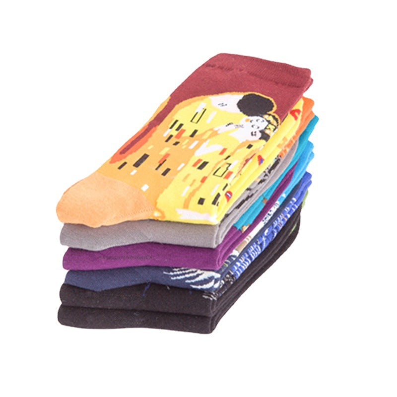 Men’s Cotton Mid-Tube Socks – Artistic Oil Painting Series Casual Crew Socks (39–46)