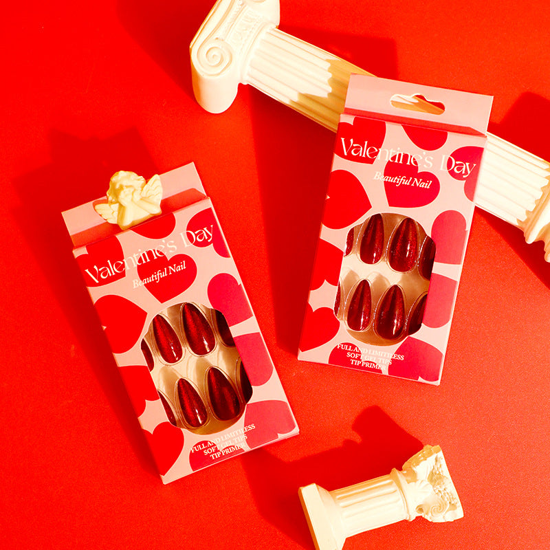 Red Cat Eye Press-On Nails – Long Almond Glitter Ombre Nail Set