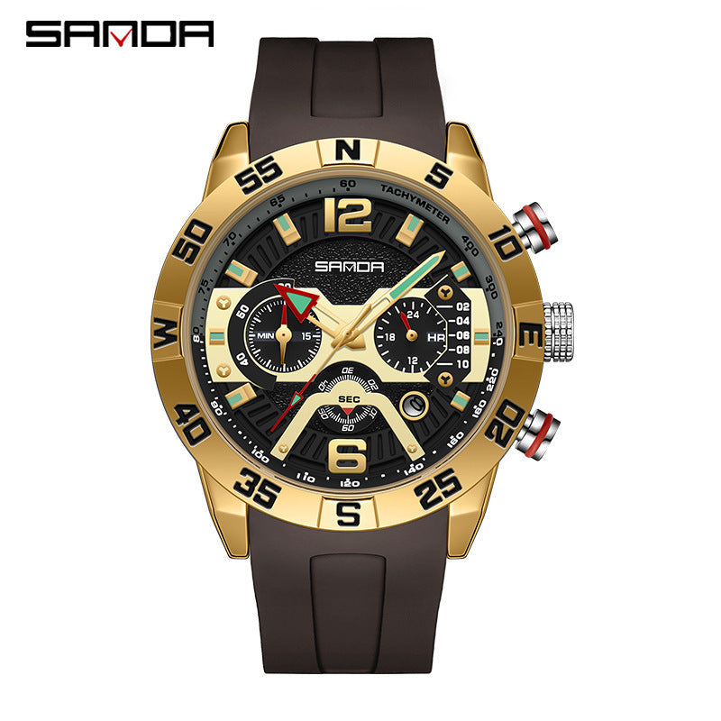 SANDA Men’s Silicone Quartz Watch – Three-Eye Six-Needle Waterproof Fashion Timepiece