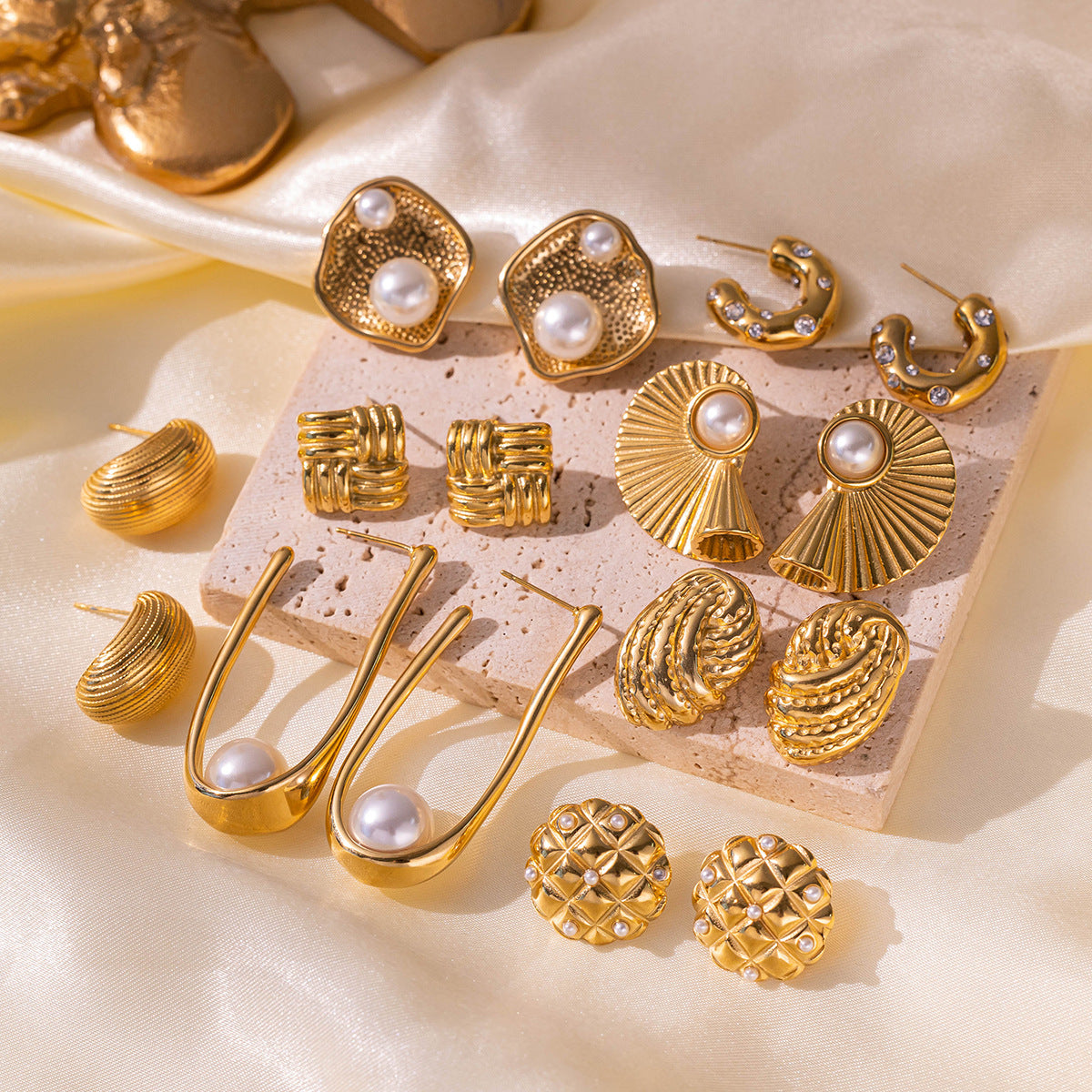 Golden Pearl Titanium Steel Earrings – Textured Stud & Drop Design (Combo of 4)