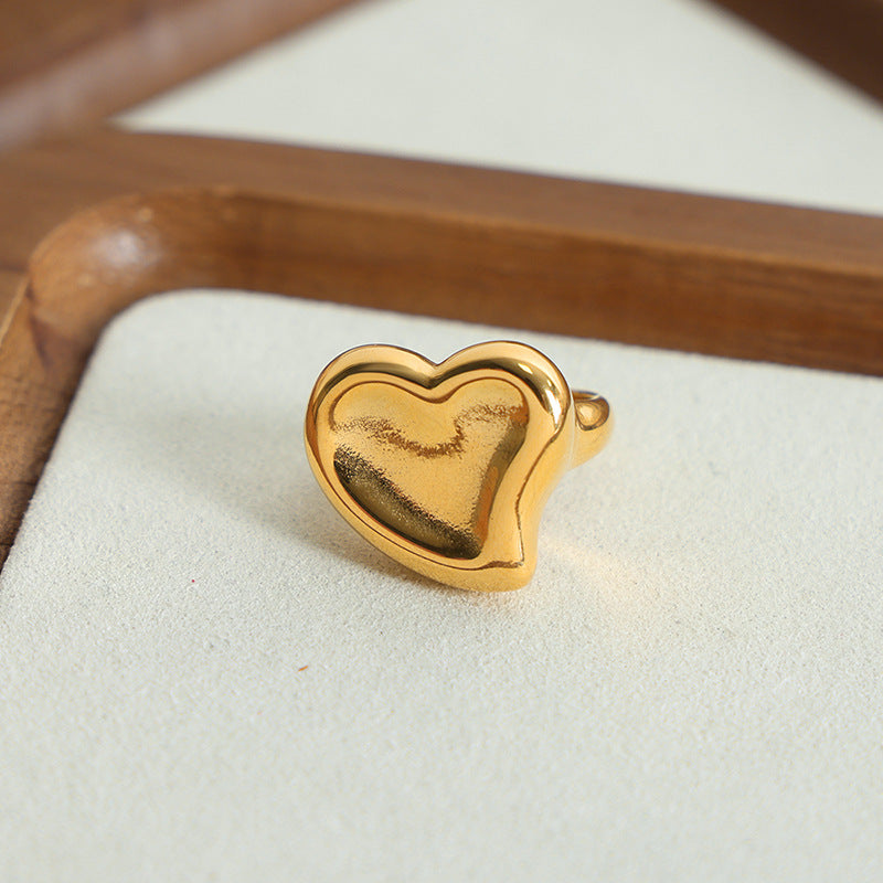 Women's Puffy Heart Statement Ring – Titanium Steel, Adjustable Bold Design