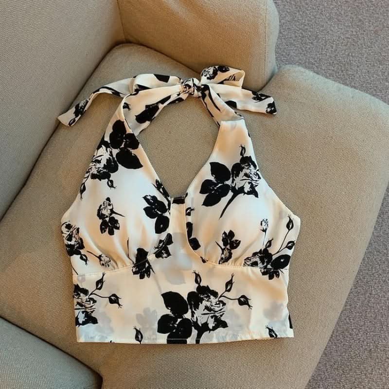 Floral Halter Neck Sleeveless Top - Plus Size