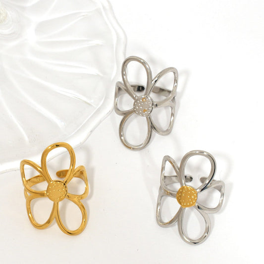 Gold & Silver Floral Ring – Stainless Steel Daisy Adjustable Open Ring for Women